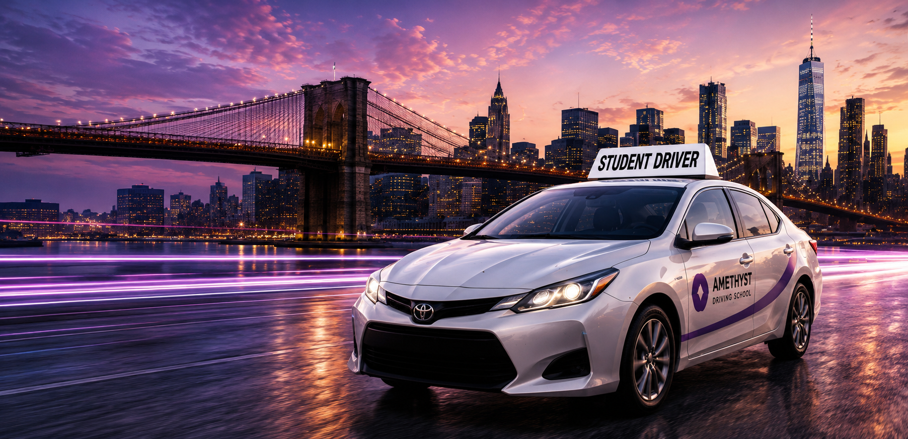 Amethyst Driving School student driver car with Brooklyn Bridge and New York City skyline